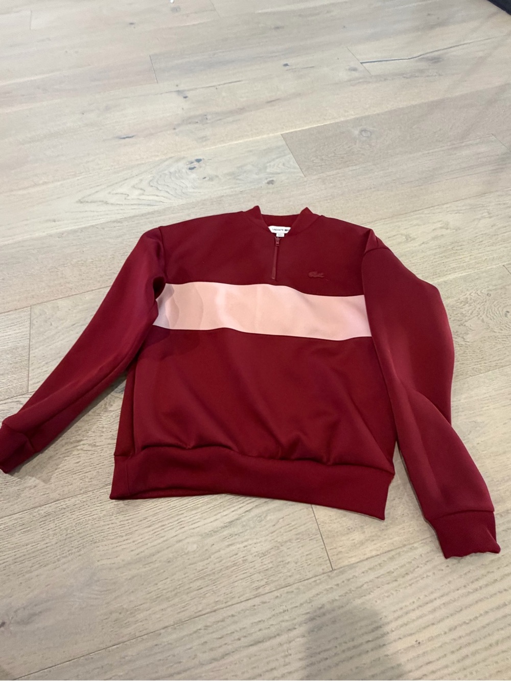 Lacoste women’s Burgundy Quarter-Zip Sweatshirt with Pink Stripe